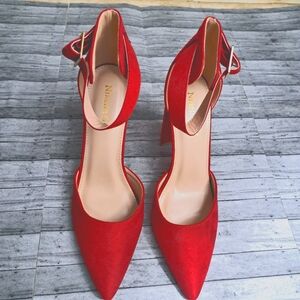 Ninetin Gel Women's Red Suade Chunky High Heels Ponited Toe Ankle Strap Size 8.5
